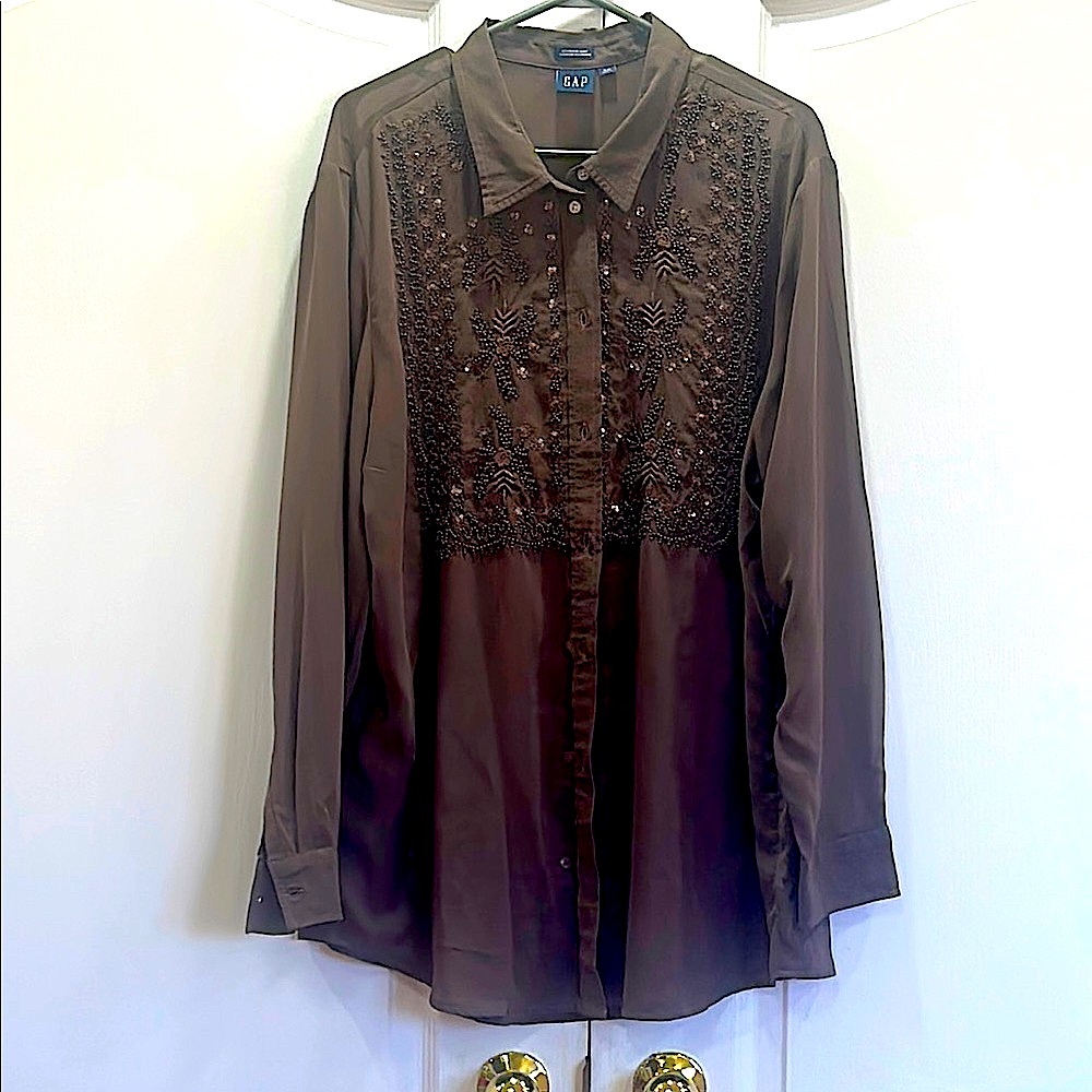 GAP Brown Casual Button Down Shirt with Ruffle Detail